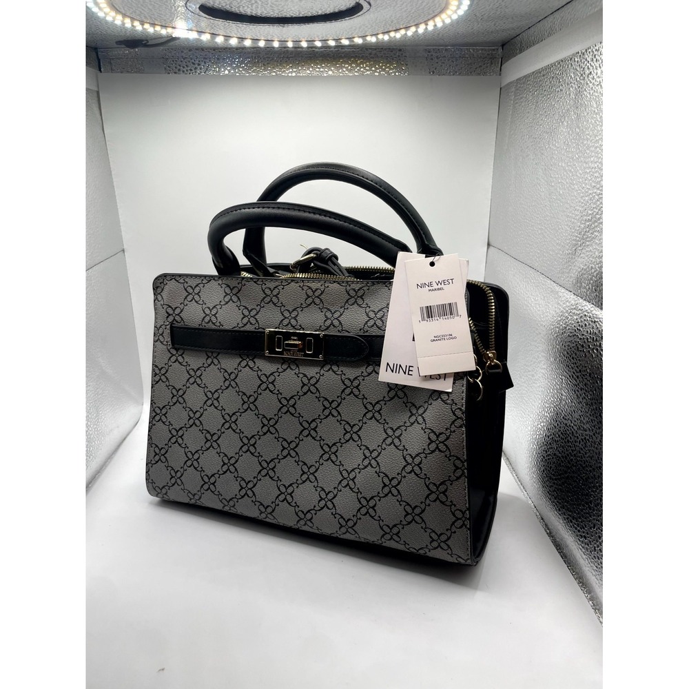 Nine West Maribel Mini Satchel Bag Women Gray Black Monogram Print Double Handle